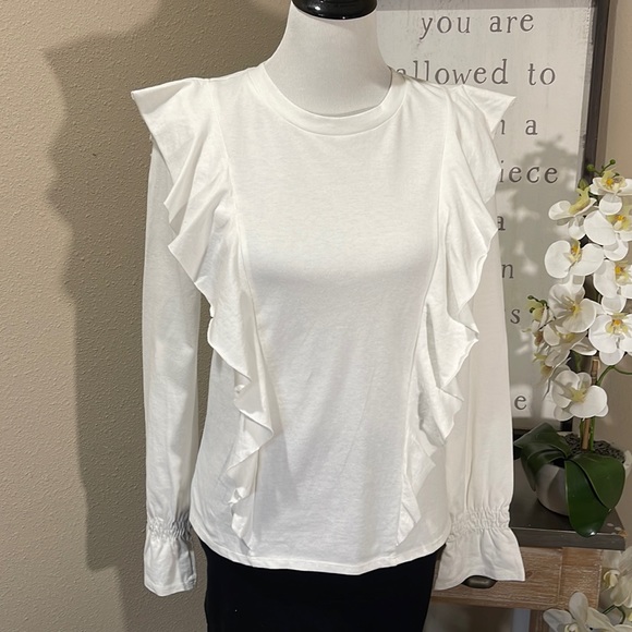 Elegant White Ruffle Long Sleeve Top TRN 23 - Picture 1 of 6